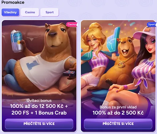 SpinBara – Promo akce a bonusy Ukázka promo akcí na domovské stránce SpinBara s kamelovým maskotem a grafickými prvky