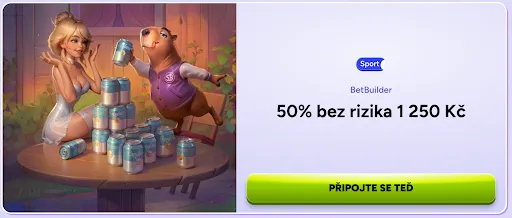 SpinBara – BetBuilder 50% bez rizika až 1 250 Kč Kapibara a žena staví věž z plechovek piva a nápis „BetBuilder – 50% bez rizika 1 250 Kč“