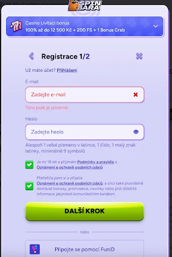 SpinBara registrace – krok 1 z 2 Registrace SpinBara – krok 1 z 2 s chybou vyplnění e-mailu