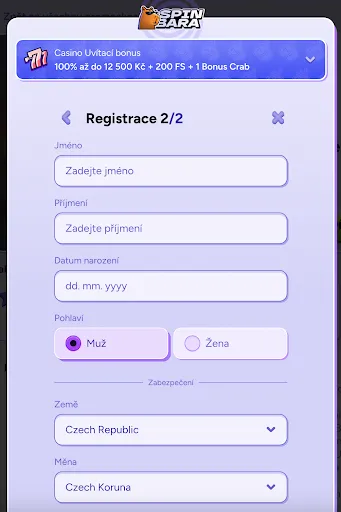 SpinBara registrace – krok 2 z 2 Registrace SpinBara – krok 2 z 2 s chybou vyplnění e-mailu