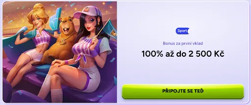 SpinBara – Sportovní bonus 100 % až do 2 500 Kč Dvě fanynky a velbloudí maskot fandí u stadionu a vedle je text „Bonus za první vklad 100 % až do 2 500 Kč“